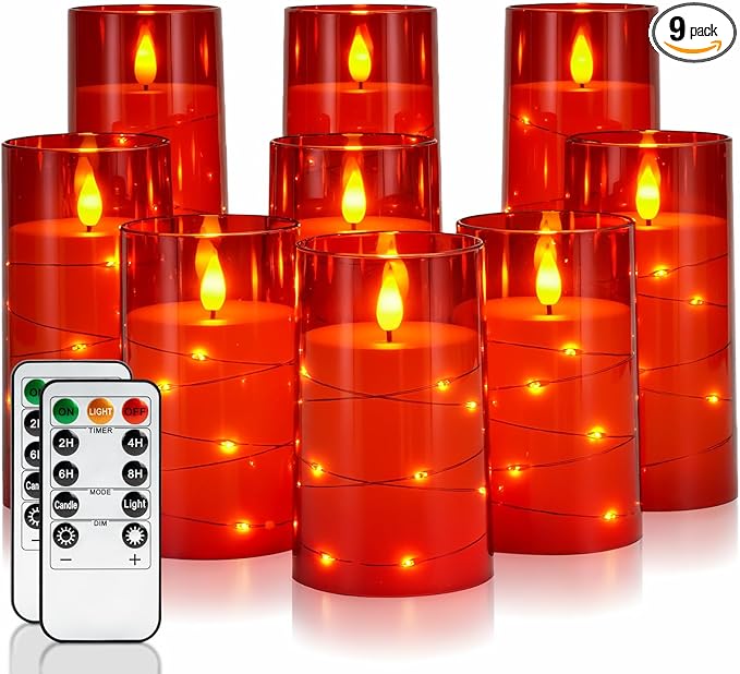 Homemory 9 Pcs Flameless Candles with Embedded Star String Fairy Lights, Battery Operated Candles, LED Candle, Fake Candles with Remote Control and Timer (Red)-Ruum Studio Home