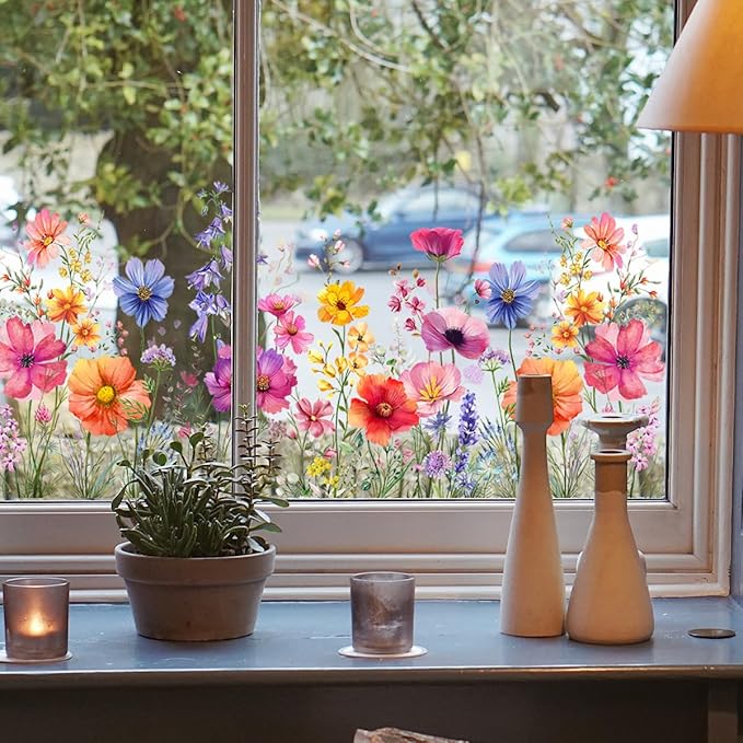 Colorful Flower Garden Window Clings, Wildflower Grass Lily Peony Poppy Floral Window Decals-Ruum Studio Home