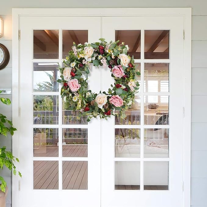 WANNA-CUL 24 Inch Large Spring Rose Wreaths for Front Door,Spring Front Door Wreath with Pink and Wine Red Floral Door Wreath with Eucalyptus Leaves for Wedding or Indoor&Outdoor Decorations-Ruum Studio Home