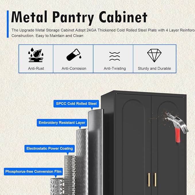 71" Tall Kitchen Pantry Cabinet, Pantry Storage Cabinet with Doors and Shelves, Metal Food Pantry Cabinets with Handles, Black Freestanding Cupboard for Living&Dining Room-Assemble Required-Ruum Studio Home
