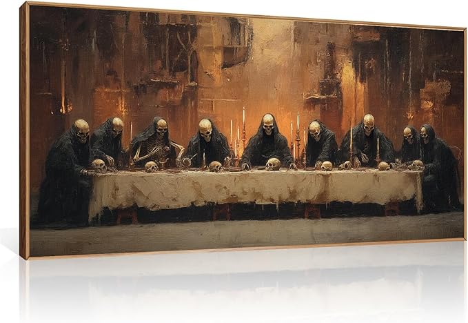 KAIRNE Framed Skeleton Canvas Wall Art,Abstract Retro Skull Print Set of 1(40”X20”),Scary Halloween Pictures,Horror Wall Art,Skeleton Last Supper Posters for Living Room Bedroom Ding Room Office Decor-Ruum Studio Home