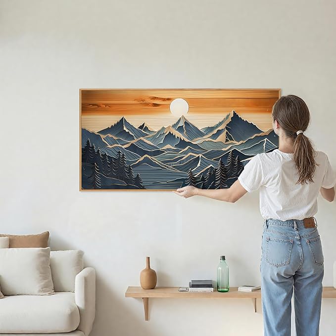 Tinonedraw Metal Mountain Framed Canvas Wall Art, Boho Mountains Forest Artworks, Mid Century Modern Blue Ridge Wall Decor, Vintage Nature Sunset Art Print for Living Room Bedroom Office 20"x40"-Ruum Studio Home