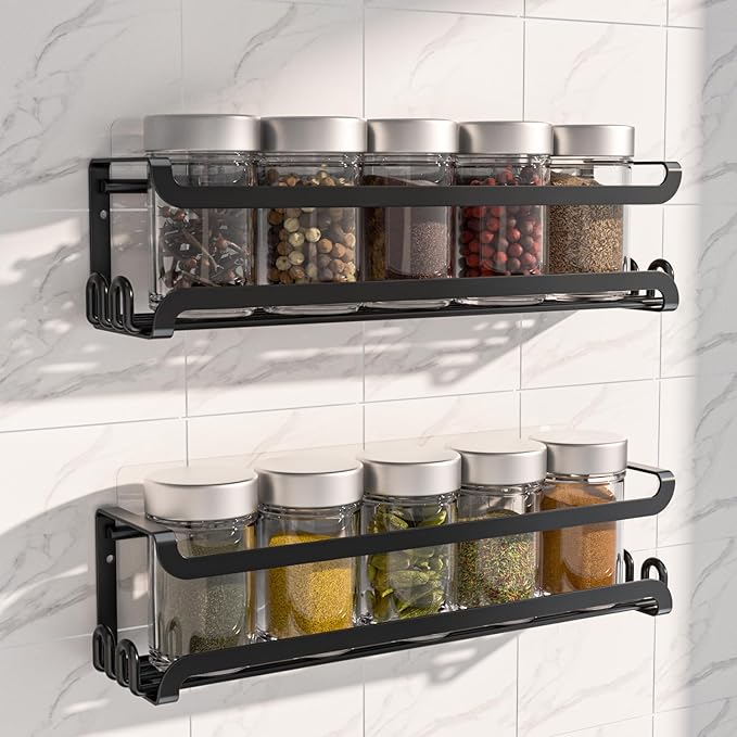 LUCYCAZ 2 Pack Wall Mounted Spice Rack with 16 Hooks, Spice Organizer Shelf for Stove Cabinet Pantry Door,Screw or Adhesive Spice Shelf Hanging Wall Spice Rack in Kitchen and RV (Black, 2 PACK)-Ruum Studio Home