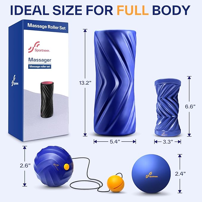 Sportneer 4 in 1 Foam Roller Set: Dual Textures Foam Roller, Foot Roller, Lacrosse Ball, Traction Massage Ball with String, Deep Massage Roller for Whole Body Release, Physical Therapy-Ruum Studio Home