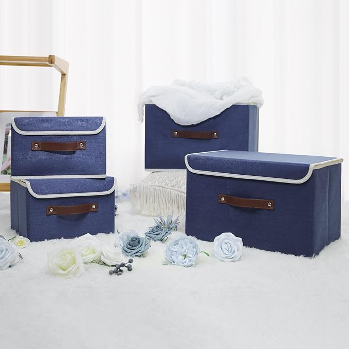 ANMINY 4PCS Storage Bins with Lid PU Leather Handles Storage Boxes PP Plastic Board Decorative Foldable Lidded Cotton Linen Fabric Home Cubes Baskets Closet Organizer Containers - Blue, Large Size-Ruum Studio Home