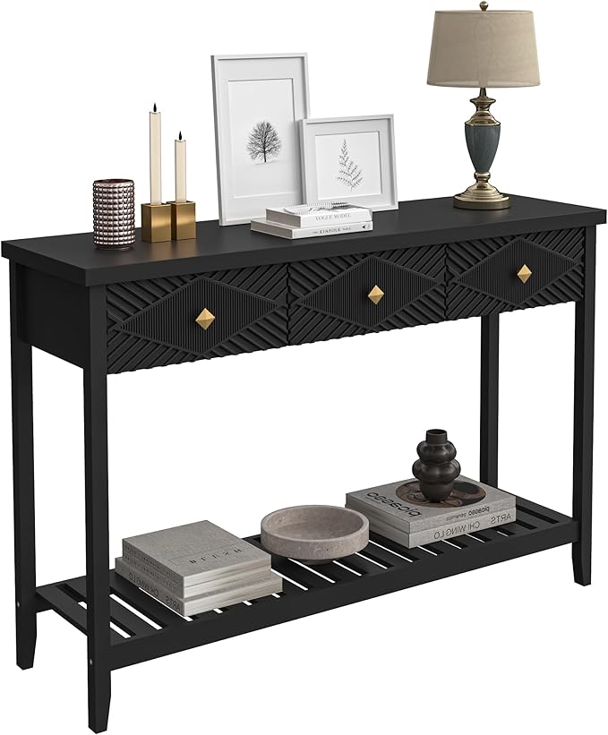 47" Console Table with 3 Drawers, Fluted Narrow Long Entryway Table with Storage Shelf, Accent Table for Entryway, Living Room, Behind Couch, Foyer, Hallway, Office-Ruum Studio Home