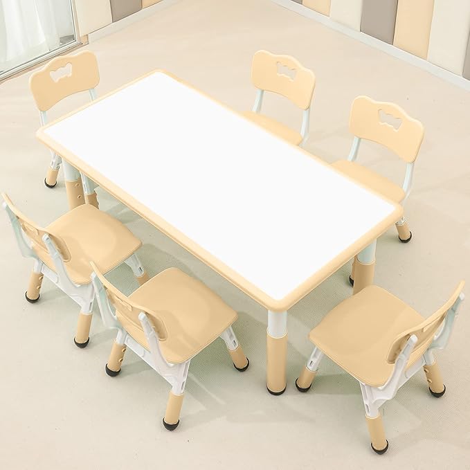 Children's Table and Chair Set Suitable for Boys and Girls Age 2-12 Height Adjustable Table top Can be Painted with 6 Seats Suitable for Family Learning Daily use (Wood Color)-Ruum Studio Home