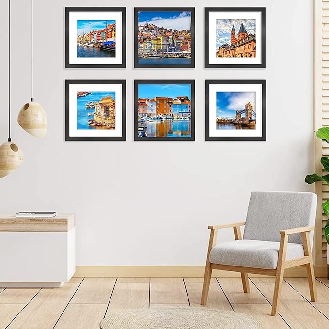 8x8 Picture Frame Set of 6, Display Pictures 5x5 with Mat or 8x8 Without Mat for Wall Mounting or Table Top Display,Black-Ruum Studio Home