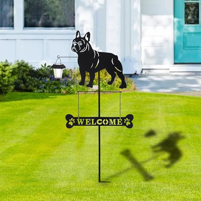 BAYN Solar French Bulldog Silhouette Dog Breed Welcome Sign with a Lantern Outdoor Decorative Garden Stakes for Yard, Lawn, Patio, Pathway-Ruum Studio Home