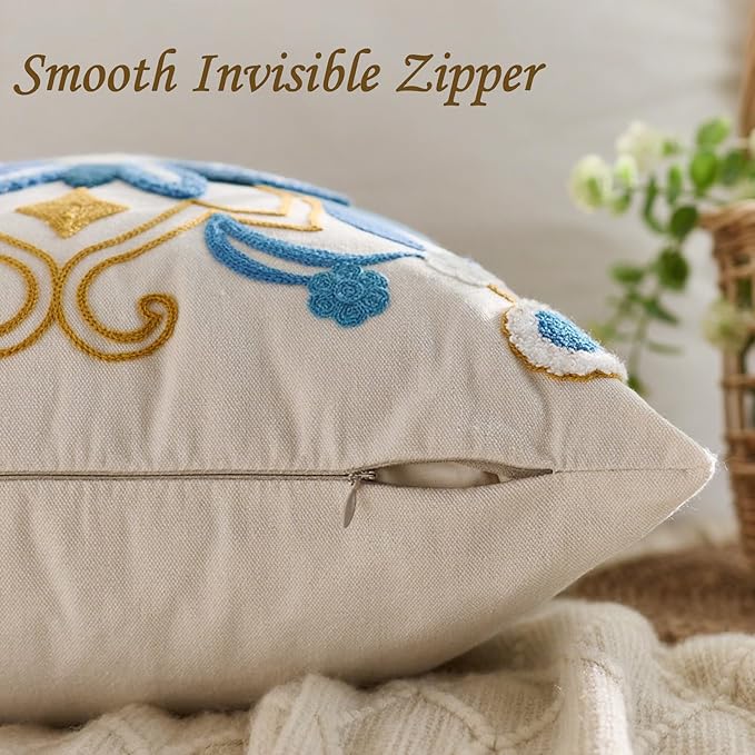 Embroidered Throw Pillow Cover 18x18 Classic Boho Floral Pattern Pillows Cover Outdoor Decorative Pillowcase,Durable Cozy Textured Cushion Case for Sofa Couch Bed Living Room,Teal-Ruum Studio Home