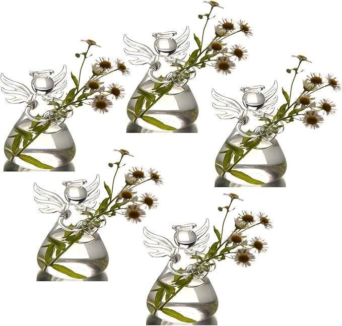 Angel Design Glass Vases Clear Flower Plant Terrarium Container Hanging Vase Wedding Decor Garden Ornaments Hanging Planter (Pack of 5)-Ruum Studio Home