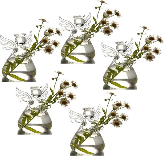 Angel Design Glass Vases Clear Flower Plant Terrarium Container Hanging Vase Wedding Decor Garden Ornaments Hanging Planter (Pack of 5)-Ruum Studio Home