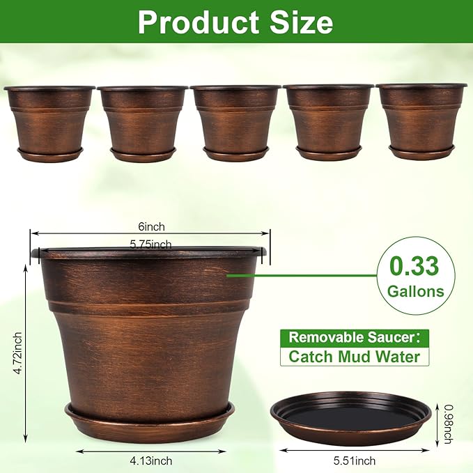 Plant Planters Pots Set of 6 Pack 6 Inch, Plastic Flower Pot for Indoor Plants with Drainage Holes & Trays, Resin Decorative Container Sets with Saucer for House Outdoor Garden Planters Dark Gold-Ruum Studio Home