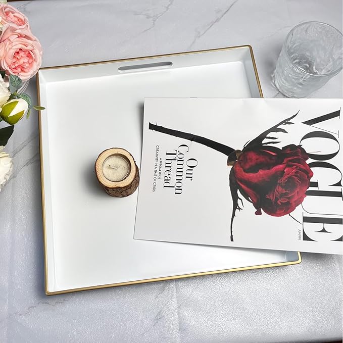 White Decorative Tray, Square Serving Tray with Handles, Plastic Coffee Table Tray for Ottoman, Living Room, Kitchen Tabletop, 13"x13"x1.6"-Ruum Studio Home