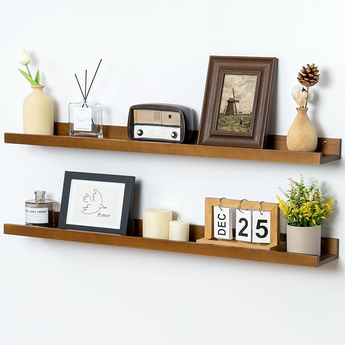 Picture Ledge Wall Shelves 36 inch Width Set of 2, Solid Pine Wood Rustic Floating Ledge Shelves for Wall for Kids' Room Bedroom Kitchen Bathroom Living Room Nursery Display Wall Decor, Walnut-Ruum Studio Home