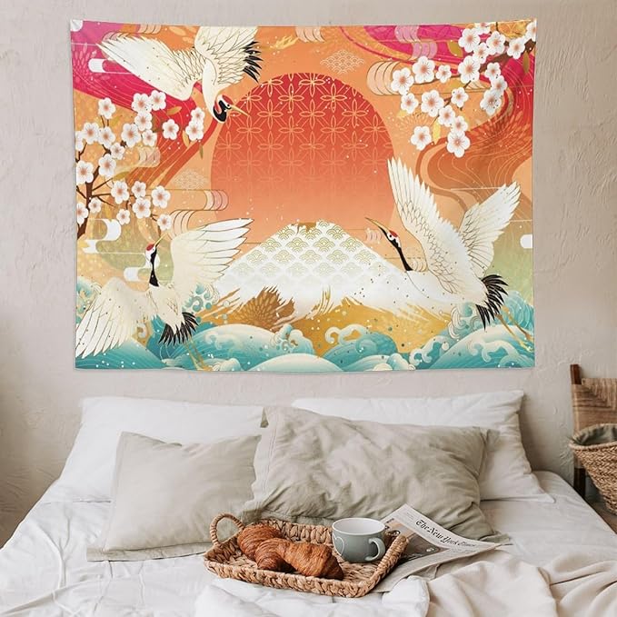 HZOHNAGO Japanese Tapestry Cherry Blossom Crane Sea Wave Fuji Mountain Red Sun Pattern Printed Wall Tapestry Painting Wall Hanging for Bedroom Living Room Dorm 80" W x 60" H-Ruum Studio Home