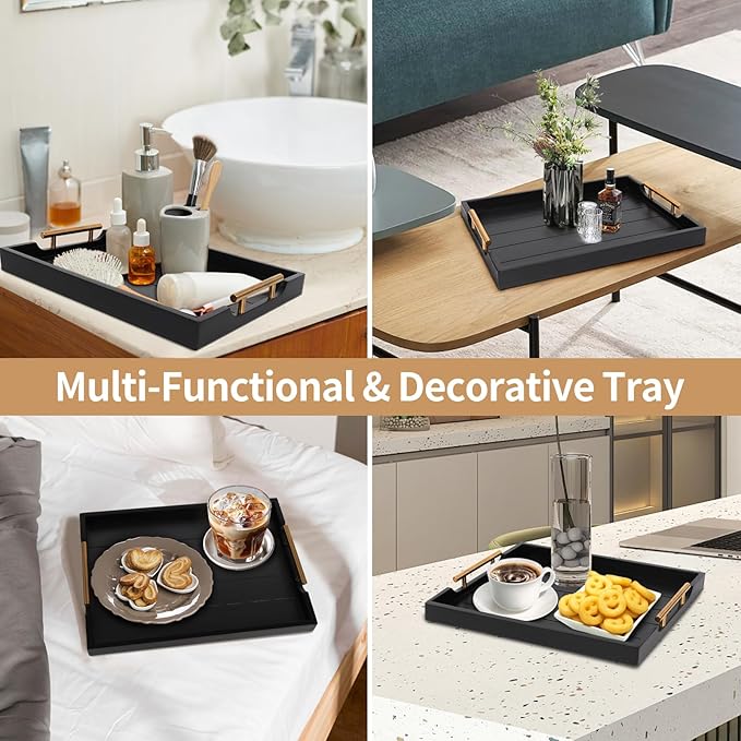 Coffee Table Trays - Large Ottoman Tray for Living Room - Wood Serving Trays with Handles(2 Sets) - Wooden Tray for Coffee Table, 4 Round Coasters Included, Black-Ruum Studio Home