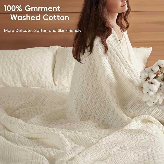 PHF 100% Cotton Waffle Blanket Oversized King 120"x120", Lightweight Breathable Extra Large 10'x10' Summer Blankets for Bed, Giant Big Luxury Aesthetic Woven Bedding for Home Decor, Cannoli Cream-Ruum Studio Home