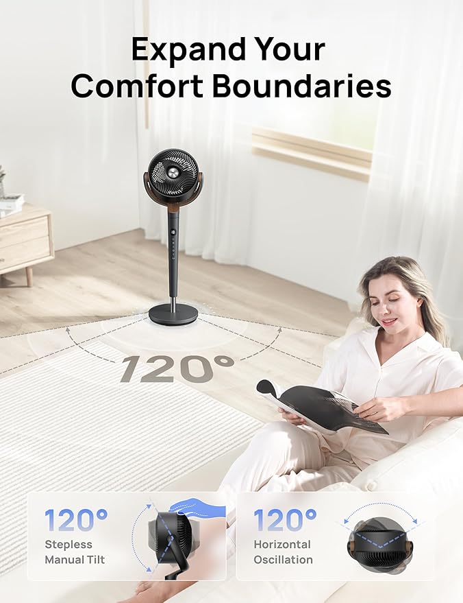 Dreo Fan for Bedroom, 120° Oscillating Standing Fans, Quiet Floor Fan with DC Motor, 100ft Pedestal Fans for Room, 9 Speeds, 4 modes, 20dB, 120° Manual Vertical, 37-42" Adjustable Height, 9H Timer-Ruum Studio Home