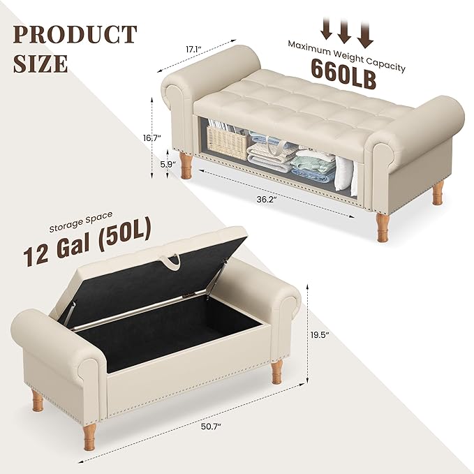 Storage Ottoman Bench for Bedroom, 51" Upholstered Bench with Rolled Arms and Vintage Rivets for Living Room, Full & Queen Leather Storage Bench with Button for Entryway, Beige+Nature Legs-Ruum Studio Home