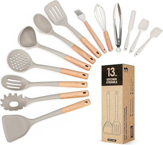 Kitchen Utensils Set, 13PCS Silicone Cooking Utensils, Heat Resistant Kitchen Utensil Spatula Set for Nonstick Cookware, Wooden Handles Kitchen Gadgets Tools Set-Ruum Studio Home