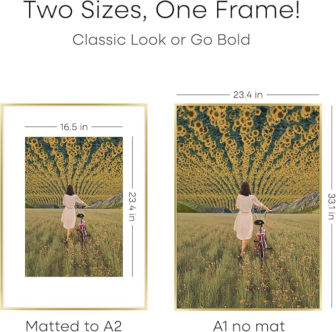 Homeforia A1 Poster Frame Gold, High End Metal 23.4 x 33.1 inches Large Picture Frames with Mat 16.5 x 23.4 for Photo, A1 Size Frames Matted to A2 Print, 23.4x33.1 Thin Frame, Tempered Glass, Set of 1-Ruum Studio Home