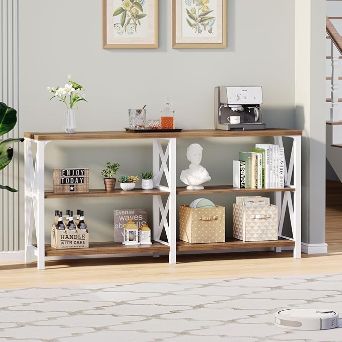 LVB Industrial Entryway Table, Farmhouse Rustic Console Table Behind Couch, Long Metal Sofa Table with Storage Shelf, Modern Hallway Table for Living Room Bedroom,White and Rustic Oak,63 inch-Ruum Studio Home