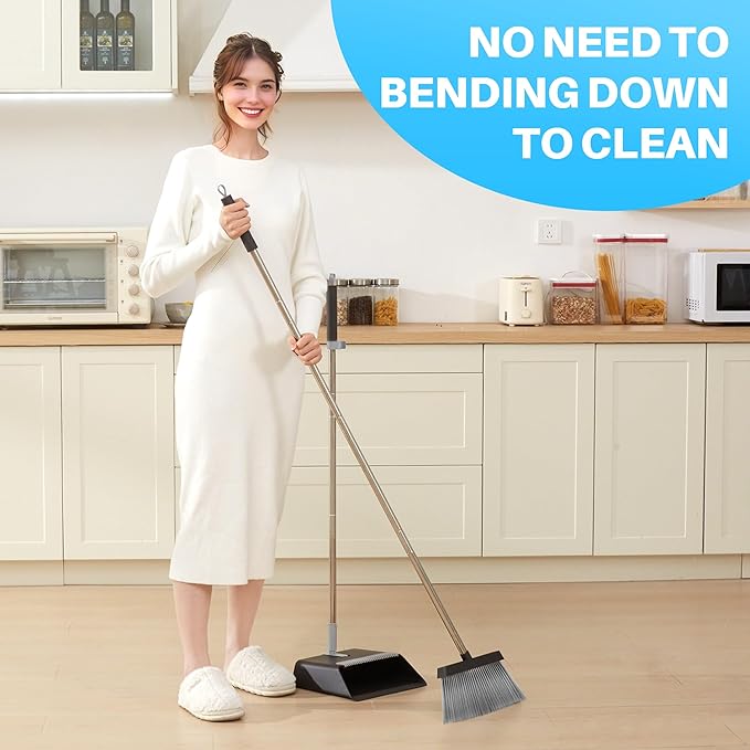 JOYMOOP Black Broom and Dustpan Set, Upright Angle Design with Built-in Comb Teeth for Home, Office, Hardwood Floors, Pet Hair-Ruum Studio Home