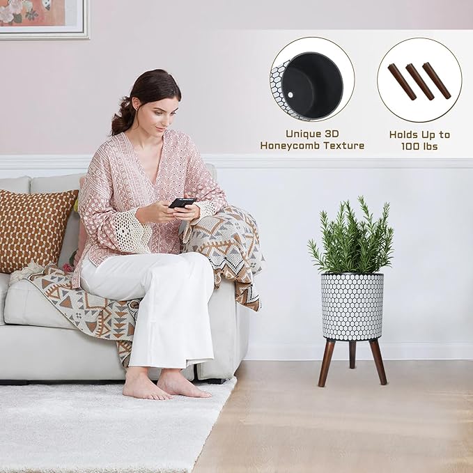 Flower Pot with Legs Tall Flower Pot with Drainage Holes for Indoor and Outdoor Decorative Planting (White Black Honeycomb, 12 Inches)-Ruum Studio Home