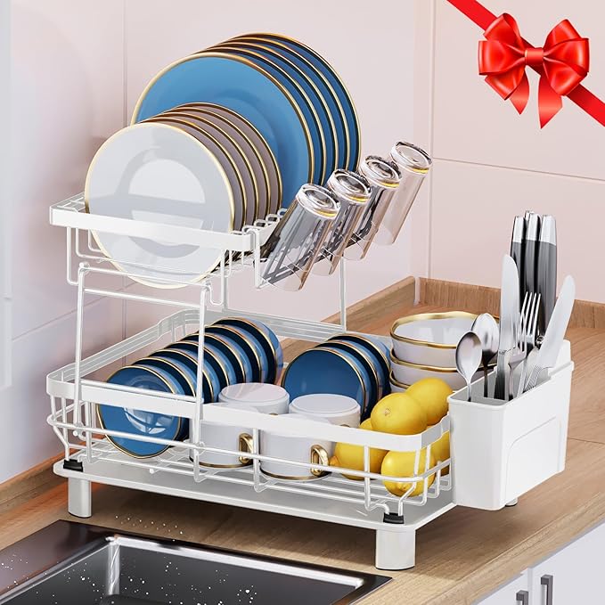 MOUKABAL Dish Drying Rack, 2 Tier Dish Rack, Large Dish Racks for Kitchen Counter, Dish Drainer with Removable Utensil Holder, Drainboard (White)-Ruum Studio Home