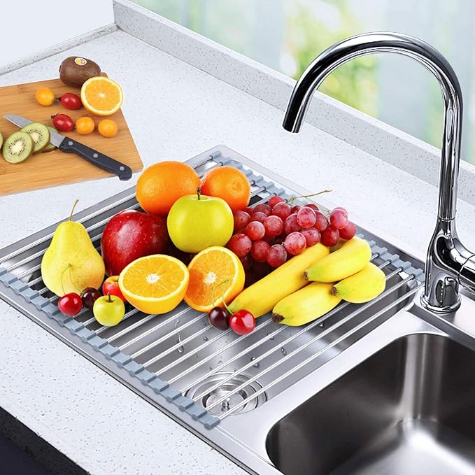 Searik Over The Sink Dish Drying Rack, Roll up Sink Dish Drainer Rack Foldable Kitchen Stainless Steel Dish Rack Sink Drying Rack (17.7"x 11.8")-Ruum Studio Home