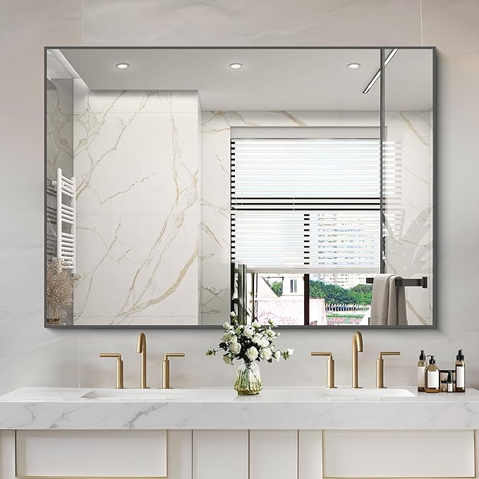 36x50inch Bathroom Mirror, Black Rectangle Mirrors with Thin Metal Frame, Large Rectangular Wall Mirror for Bathroom, Living Roomm, Hair Salon, Big Farmehouse Mirror Hang Horizontal/Vertical-Ruum Studio Home