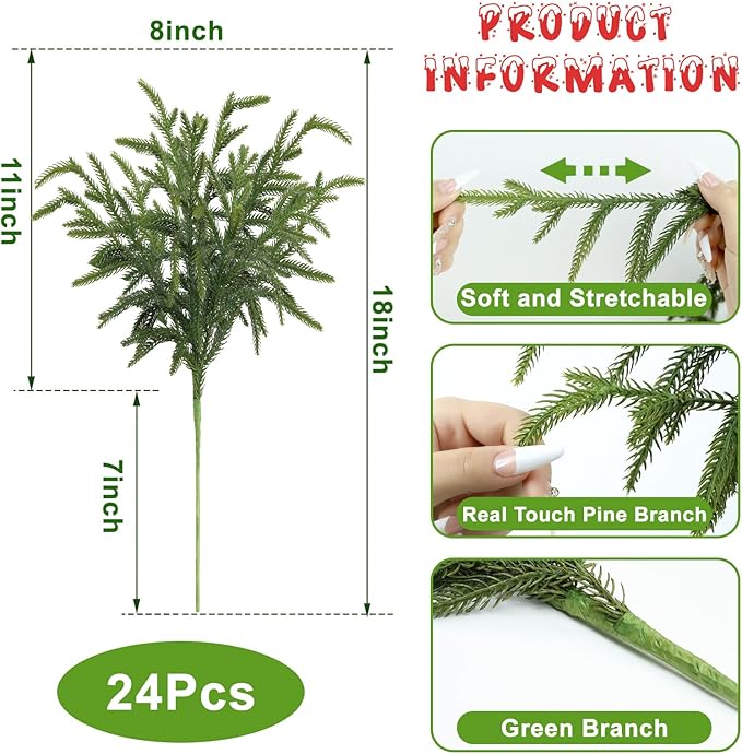 Artgar 24 Pcs Pine Branches - 18 Inch Artificial Green Pine Stem - Real Touch Christmas Greenery Pines Branches for DIY Flower Arrangement Home Indoor Christmas Decor-Ruum Studio Home