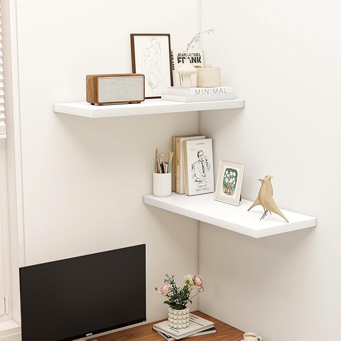 32" Floating Shelves for Wall, 12" Deep Slim White Floating Shelves, Wall-Mounted Shelves for Bedroom, Living Room, Kitchen, Bathroom - Set of 2-Ruum Studio Home