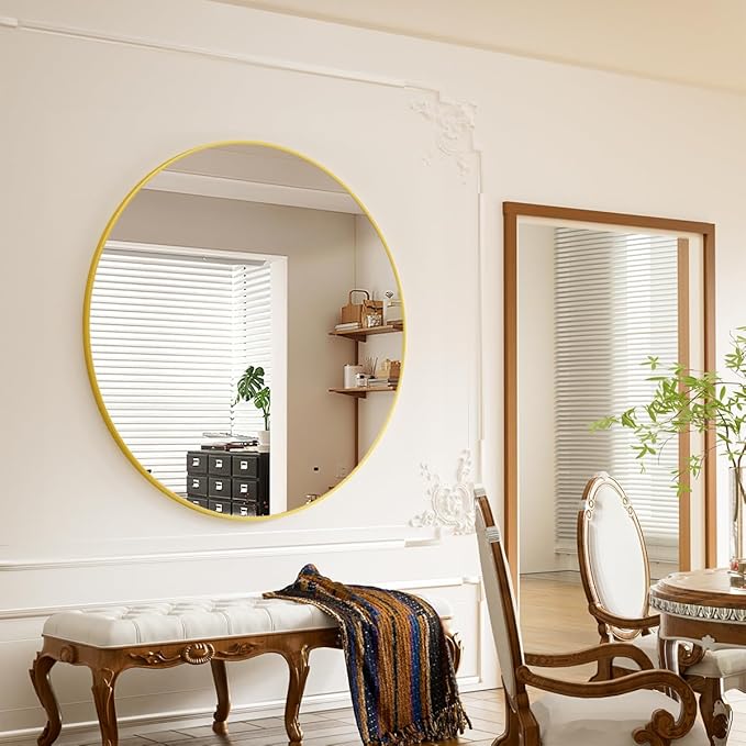 BEAUTYPEAK 42 Inch Round Mirror, Metal Frame Circle Mirror, Wall Mounted for Entryway, Bathroom, Vanity, Living Room, Gold-Ruum Studio Home