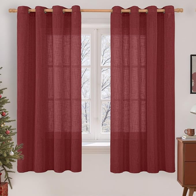 LAMIT Sheer Linen Curtains 63 Inch Length for Bedroom, Light Filtering Christmas Decor Panels Bronze Grommet Linen Textured Drapes for Living Room/Farmhouse, 2 Panels Set, 52 x 63 Inch, Burgundy Red-Ruum Studio Home