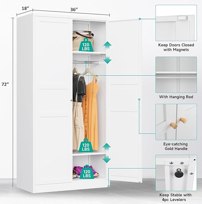 Metal Wardrobe Cabinet with Hanging Rod,White Armoire Wardrobe Closet,Metal Clothing Storage Cabinet with Adjustable Shelves and Doors,72" Wardrobes Storage Cabinet for Home,Living/Laundry Room-Ruum Studio Home