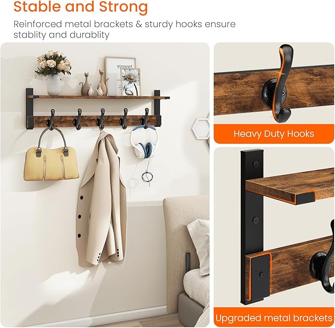 Homode Coat Rack Wall Mount, 29 Inch Long Shelf with Hooks, Wood Entryway Shelf with 5 Hangers for Hanging Hat Jacket Backpack Purse, Rustic Brown Black-Ruum Studio Home