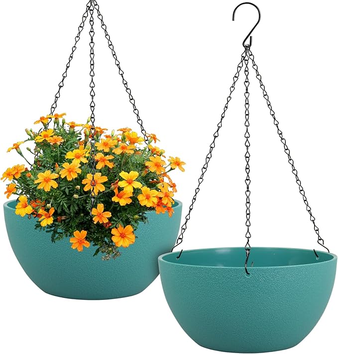 12 inch Large Hanging Planters for Indoor Outdoor Plants, 2 Pack Hanging Flower Plant Pots with Drainage Holes and Chain for Garden Porch, Plastic Hanging Baskets for House Plants, Blue Green-Ruum Studio Home