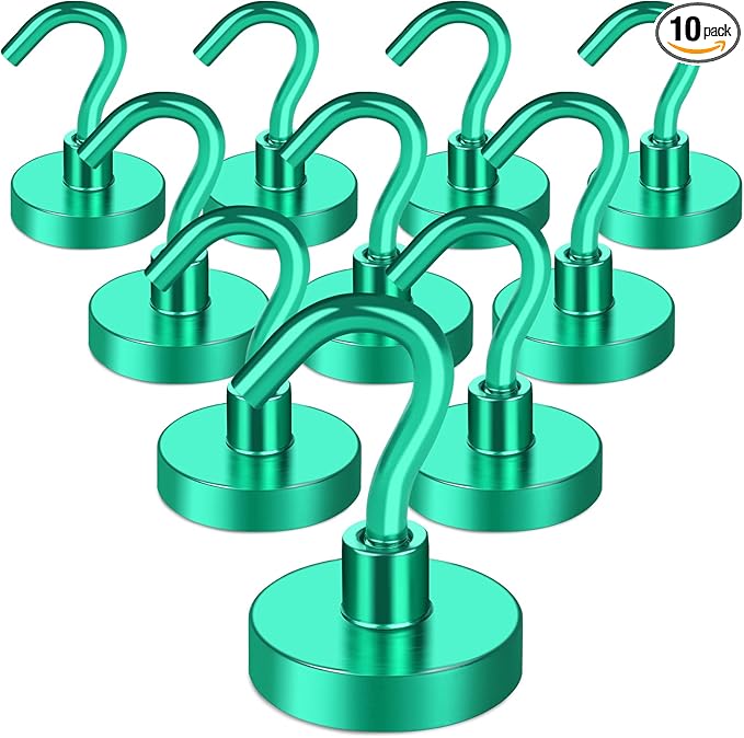 MIKEDE Magnetic Hooks, 40Lbs+ Heavy Duty Magnet Hooks for Cruise Cabins, Super Neodymium Hanging Hooks Strong Magnets with Hook for Fridge, Magnetic Hanger for Grill, Toolbox, Storage(Green, 10 Pack)-Ruum Studio Home