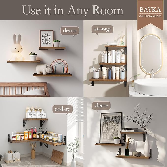 BAYKA Floating Shelves for Wall, Book Shelf for Bedroom, Wall Decor Shelves for Living Room Kitchen, Mounted Wood Floating Shelf for Home Decor, Corner Shelf for Bathroom, Office(Set of 3)-Ruum Studio Home