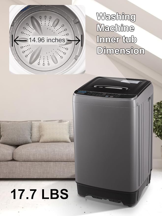 17.7 lbs Full-Automatic Washing Machine with LED Display, Portable Compact Laundry Washer with Drain Pump, 10 Wash Programs 8 Water Levels, Grey-Ruum Studio Home