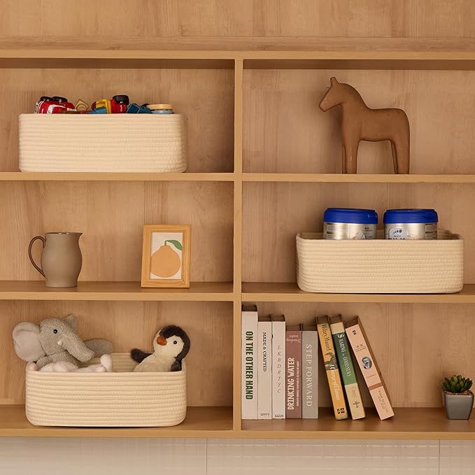 Large Shallow Organizing Baskets 15x11x5.1 Inches - Rope Woven Storage Bins for Bathroom, Shelves, Cube Closet, Beige 2 Packs-Ruum Studio Home