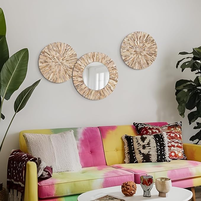 TEIPAI Boho Decorative Mirror for Living Room, 3PCS Handcrafted Mother of Pearl Mirror Wall Decor for Home Dorm Apartment Hallway Staircase, Mosaic Art Plates for Wedding Decoration (Dark Brown)-Ruum Studio Home