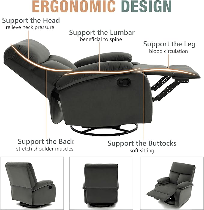 Swivel Rocker Recliner for Adults, Rocking Small Recliner Chair for Small Spaces, Glider-Nursery Rocking Chair for Living Room, RV, Nursery, Bedroom, Grey-Ruum Studio Home