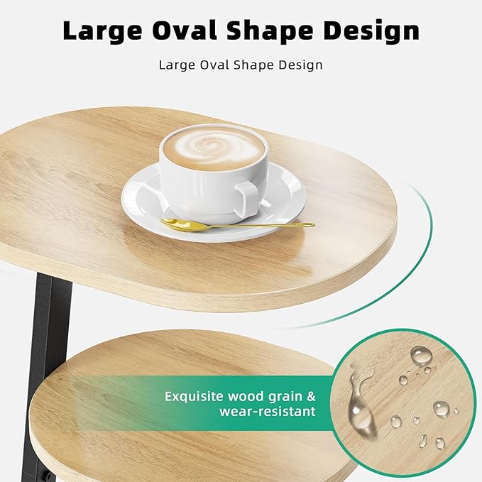 Side Table, Small End Table with Metal Frame, 3-Tier Bedside Tables, Round Side Tables for Living Room Bedroom Couch Bathroom, Oval, Modern Oak-Ruum Studio Home