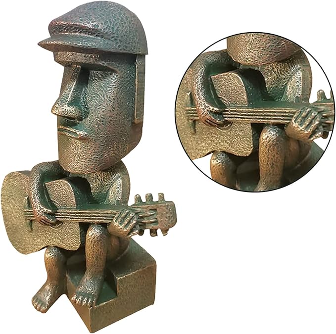 Moai Statue Decor - 6 Inch Easter Island Oranment Resin Stone Decoration for Room Accessories Antique Sculpture for Office Desktop (Play The Guitar)-Ruum Studio Home