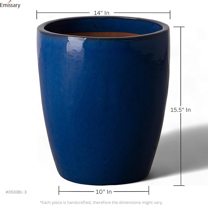 Emissary Bullet 14 in. Blue Ceramic Round Planter (14 in. L x 14 in. W x 15.5 in. H) with Drainage Hole-Ruum Studio Home