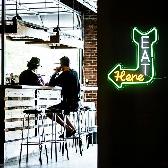 Eat Here Neon Sign Kitchen Neon Signs for Wall Decor with Arrow Guidance Green Orange White Eat Dimmable LED Sign Diner Neon Signs for Wall Bar Restaurant Kitchen Man Cave Decor-Ruum Studio Home