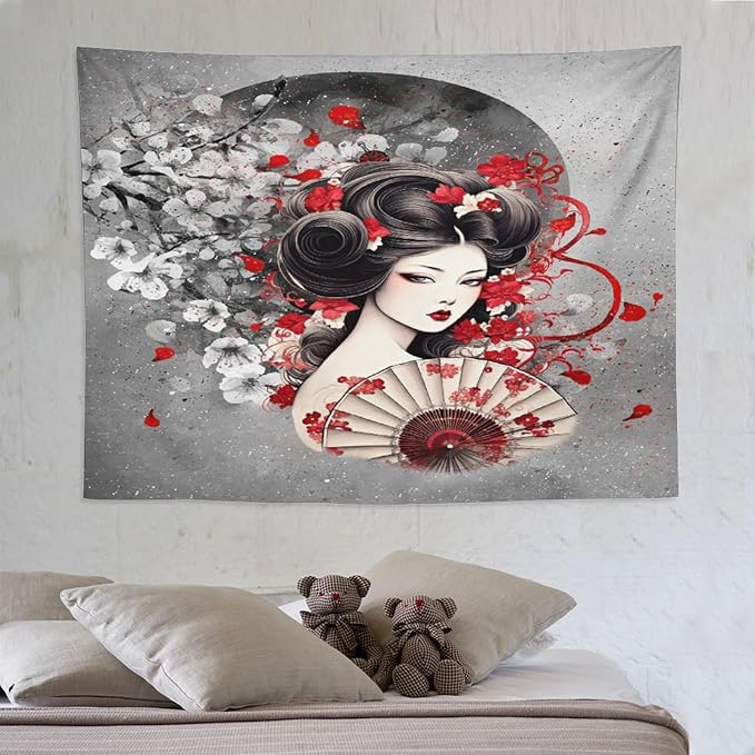 Japanese Geisha Tapestry Asian Red Cherry Blossom Red Sun Traditional Kimono Folk Tapestries Home Decor for Living Room Bedroom Apartment Farmhouse Dorm 80"x60"-Ruum Studio Home